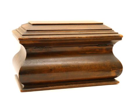 A Victorian walnut mahogany tea caddy,c.1840, of bombe form, internally with two lidded compartments, each with an bone handl
