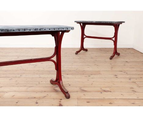 A pair of painted bentwood bistro tables,first half of the 20th century, in the manner of Josef Thonet, each rectangular zinc
