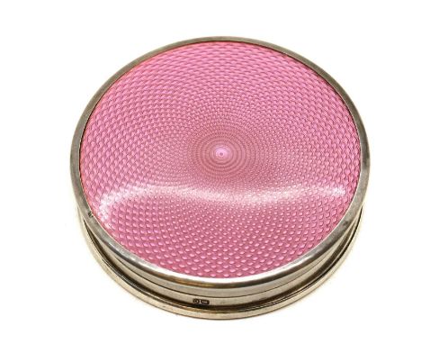 An enamelled silver compact,by David, Moss &amp; Co., Birmingham 1927, of circular form, the lid with pink guilloche enamel o