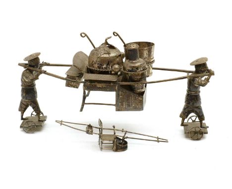 A Chinese export novelty silver cruet set,early 20th century, maker SW, in the form of a sedan chair with two bearers on whee