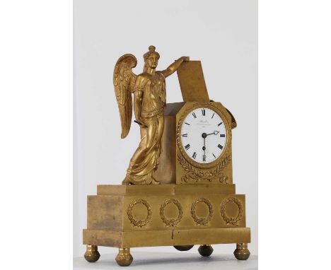 A French Empire ormolu mantel timepiece,early 19th century, the enamel dial inscribed 'Barrauds, Cornhill, London, 1189', fla