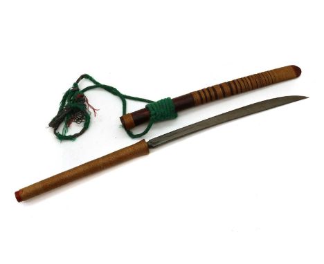 A Burmese dha sword,20th century, with a bound grip and scabbard,blade 45.7cmtotal 85cmCondition ReportSplit to the base of t