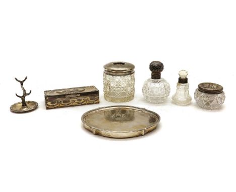 A collection of silver items,comprising a George III silver mounted teapot stand, London 1801, the centre with engraved initi