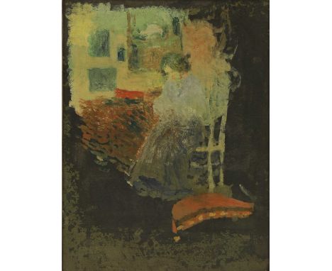 ▴ Henri Courdour (French, 1879-1955)A woman seated in a doorwayinscribed 'Je certifie/que cette/peinture/est de Henri Courdou