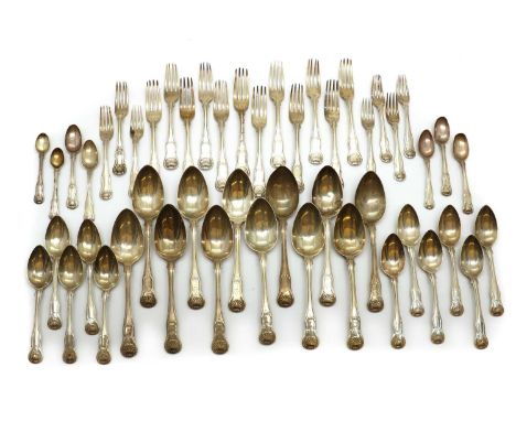 A part set of silver flatwareprobably by Thomas Wilkes Barker, London 1780, Queens pattern, comprising twelve dinner forks, s