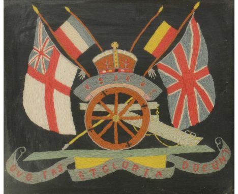 Military tapestry crewel embroidered tapestry Latin inscription 'To which justice and glory lead'31 x 36.5 cm Framed size 41.