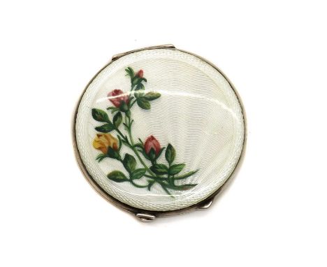 A George VI enamelled silver compact,by J. Gloster Ltd., Birmingham 1946, of round form, the lid with white guilloche enamel 
