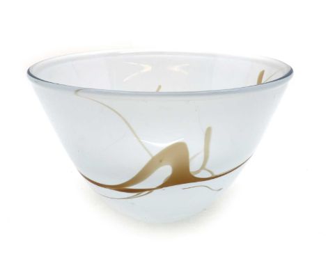 A Dutch studio glass bowl, by Willem Heesen, of tapering form, decorated with whiplash trails to a translucent opal ground, d