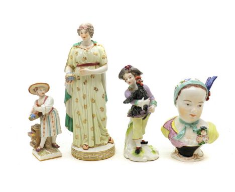 A collection of four German porcelain figures,comprising a Meissen figure of a lady holding an orb, late 19th to early 20th c