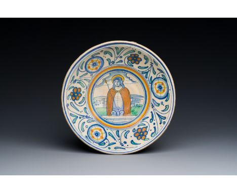 Full title: A rare polychrome Antwerp maiolica dish with 'Christ as the man of sorrows', ca. 1540-1550Description:Dia.: 25,5 