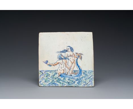 Full title: A polychrome Dutch Delft 'seacreatures' tile, Rotterdam, early 17th C.Description:Dim.: ca. 13 x 13 cm Provenance