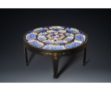 Full title: An exceptionally large Chinese Canton enamel rice table or sweetmeat set in its original Canton gilt-lacquered pr
