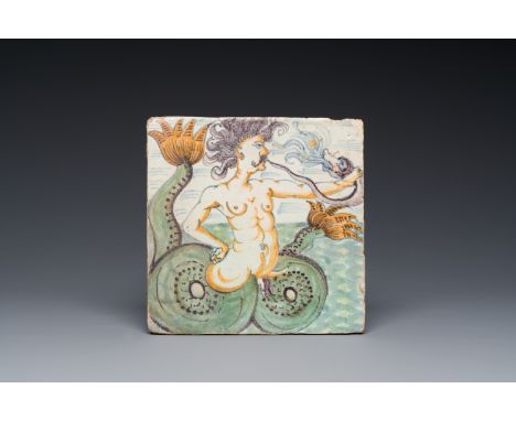 Full title: An exceptional polychrome Dutch Delft 'Triton' tile, Rotterdam, early 17th C.Description:Dim.: ca. 13 x 13 cm Pro