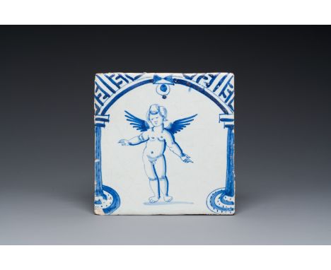 Full title: A rare blue and white Dutch Delft tile with a large cherub below a gate, 1st half 17th C.Description:Dim.: ca. 13