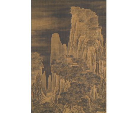 Full title: Chinese school: 'Mountainous landscape', ink and colour on silk, MingDescription:Dim.: 257 x 82,5 cm (the scroll)