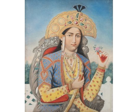 Full title: Indian school: 'Portrait of princess Mumtaz Mahal holding a hookah', gouache on paper, 19th C.Description:Dim.: 5