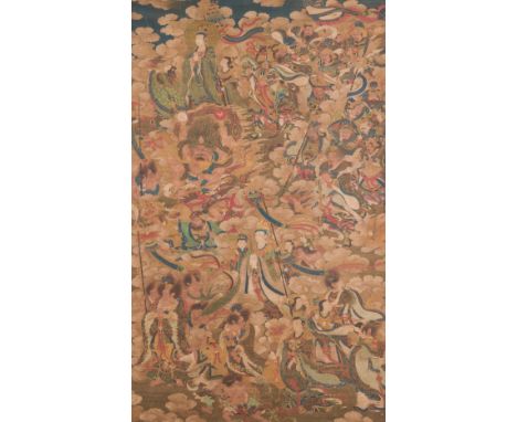 Full title: Chinese school: 'A sky full of Buddhist divinities', ink and colour on silk, 18th C.Description:Dim.: 273,5 x 104