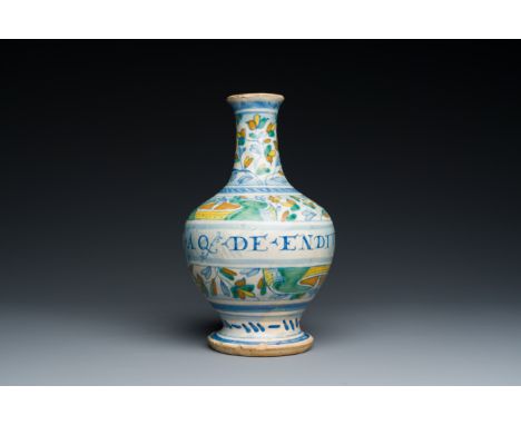 Full title: A rare polychrome Antwerp maiolica pharmacy bottle inscribed AQ DE ENDIV, middle of the 16th C.Description:H.: 22