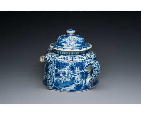 Full title: An extremely rare Dutch Delft blue and white posset pot, early 18th C.Description:L.: 27,5 (incl. the cover) - H.