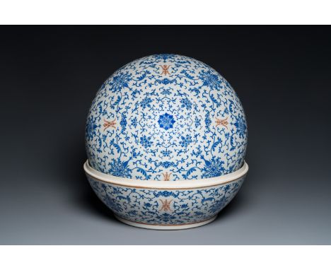 Full title: A large round Chinese box and cover with overglaze blue enamel lotus design, Guangxu mark and of the periodDescri