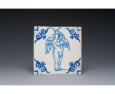 Full title: A rare blue and white Dutch Delft tile with a large cherub holding a sword, 1st half 17th C.Description:Dim.: ca.