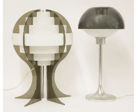 A plastic table lamp,of mushroom form, with an aluminium base,50cm high anda seven-ring banded shade lamp,46cm high (2)