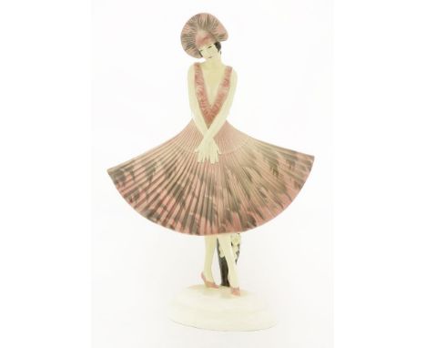 A Goldscheider figure of a lady in a fan dress, modelled by Dakon, impressed '5950/6/7' and printed marks, restored, 40cm hig