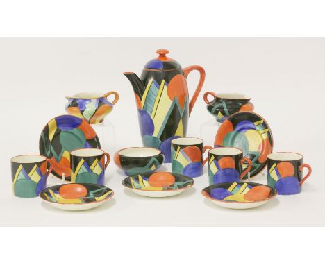 A Gray's Pottery 'Moon and Mountain' pattern coffee set,designed by Susie Cooper, painted in colours, pattern number 7960, co