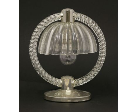 An Italian glass and chrome table lamp, possibly by Barovier, with a spiral twist ring supporting a shade, 23.5cm high