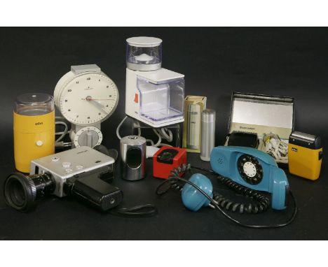 Braun homewares:three Braun shavers, 1960s,a T3 Domino table lighter,a T2 Cylinric table lighter, a 556 movie camera,a coffee