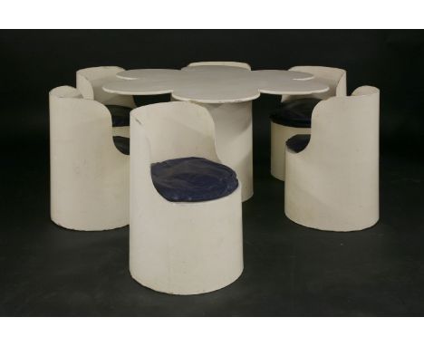 A 'Tomotom' table and six chairs,designed by Bernard Holdaway (1934-2009), cardboard and chipboard, labelled 'Tomotom' patent