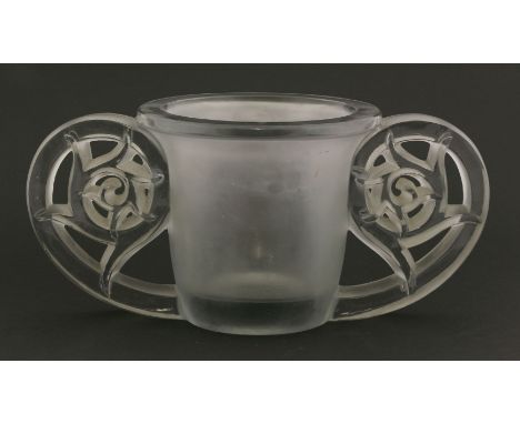 A René Lalique 'Pierrefonds' glass vase,design dated 1926, with scrolling pierced arms, wheel cut 'R Lalique France',15.5cm h