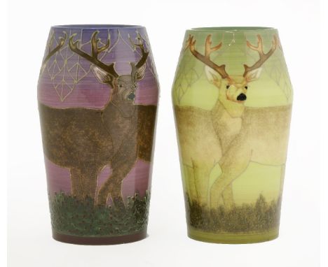 Two Dennis Chinaworks vases, designed by Sally Tuffin 2003,the first with a purple ground, with stags, inscribed 'Garners' an