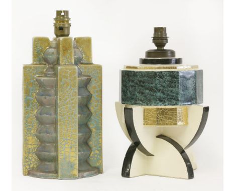 A French pottery table lamp base,with a gold and turquoise crackle glaze, stamped 'France Edition Kaza',30cm high and another