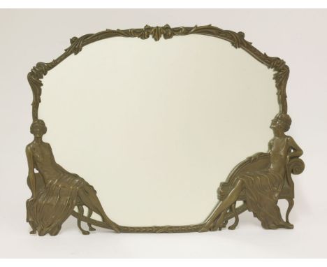 A patinated metal dressing table mirror,cast with two ladies seated each side, oak easel-backed,41cm wide29cm high