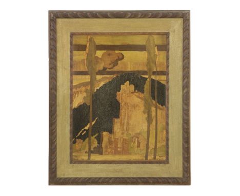 *A Rowley Gallery marquetry panel 'Italian Town',  designed by Frank Brangwyn RA (1867-1956), executed by A J Rowley, inscrib