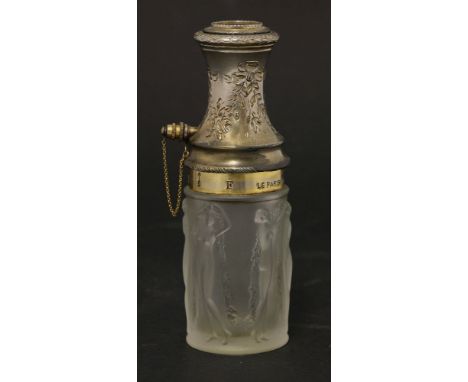 A Lalique moulded glass atomiser,modelled as a nude holding garlands of flowers, with a silver-plated mount, stamped 'Le Pari