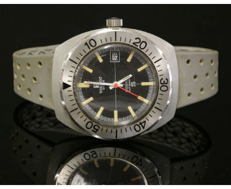 A gentlemen's Tissot fibreglass Sideral Automatic strap watch, c.1970,grey case with black dial, luminous batons and hands, o