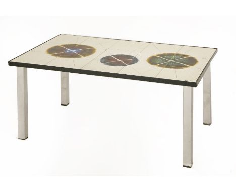 A tile top coffee table, with fifteen tiles, on a painted and chrome stand, 77cm wide46cm deep37cm high