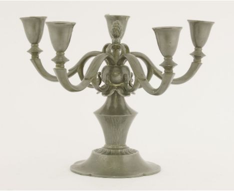 A Just pewter five-branch candelabra,stamped marks '1981' and '760',18.5cm high