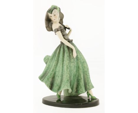 A Goldscheider figure of a lady holding a parasol, modelled after the original by Claire Weiss, impressed '390/142/10' with p