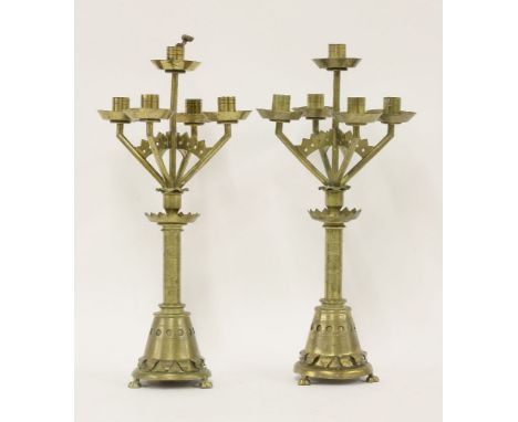 A pair of Victorian five-branch brass candelabra, 47.5cm high (2)