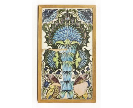 An eight-tile panel with Persian decoration,by William De Morgan, depicting two parrots amongst foliage, in turquoise, green,