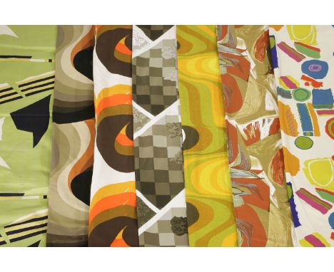 A collection of Heal's fabric,designed by Barbara Brown, Doreen Dyall and Zandra Rhodes,'Sweet Corn', 103 x 120cm,'Frequency'