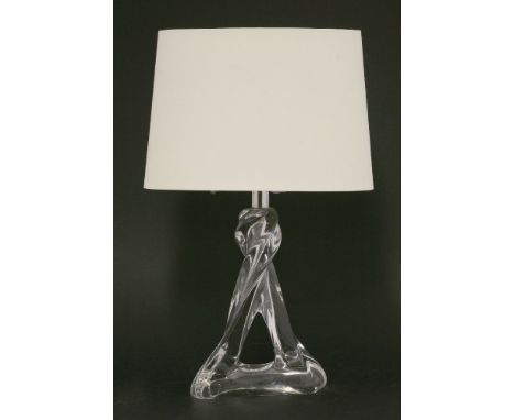 A small twisted clear crystal table lamp,stamped 'CRISTAL' on the base, modern shade, 20.5cm high excluding shade