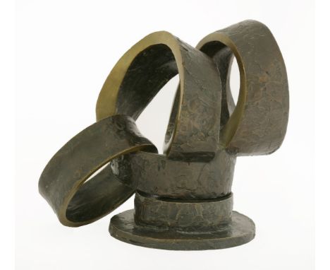 A modern bronze sculpture,of spiral form with textured rings and a loose interlocking ring, raised on a circular plinth, 17cm