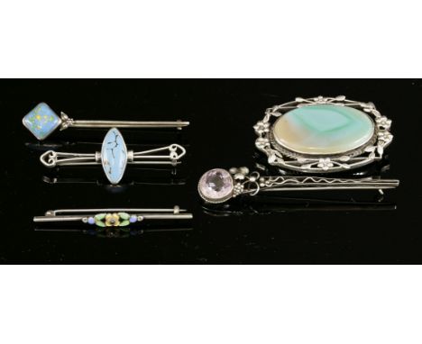 A sterling silver and banded agate brooch,attributed to Barnard Instone, with an oval green and tan agate plaque, rub set to 