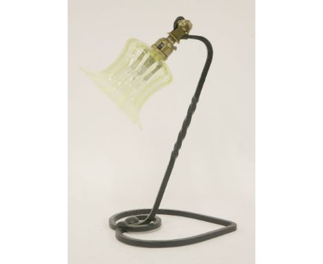 An Arts & Crafts wrought iron table lamp, designed by W A S Benson, with an opaline glass shade, 33cm high