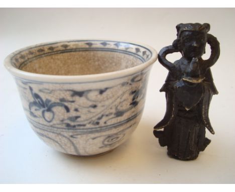A A 15th Century South East Asian poss Vietnamese blue and white bowl, with crackle glaze, 9cm diameter together with a Chine