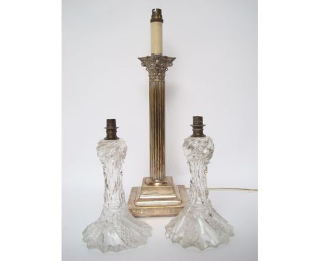 A late 19th Century silver plated Corinthian column table lamp base, fitted for electricity together with a pair of early 20t